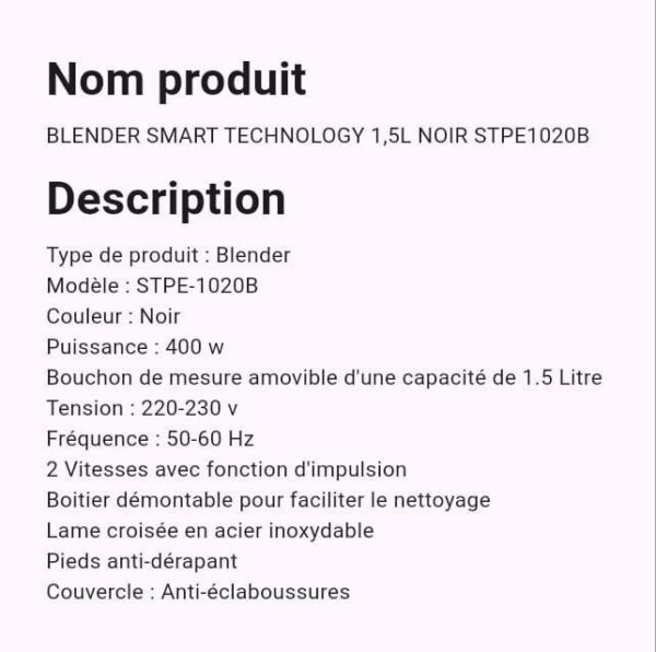 Blender Smart Technology 1.5L Noir STPE1020B