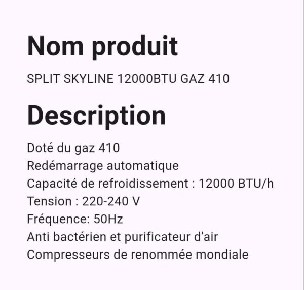 Split Skyline 12000BTU Gaz 410