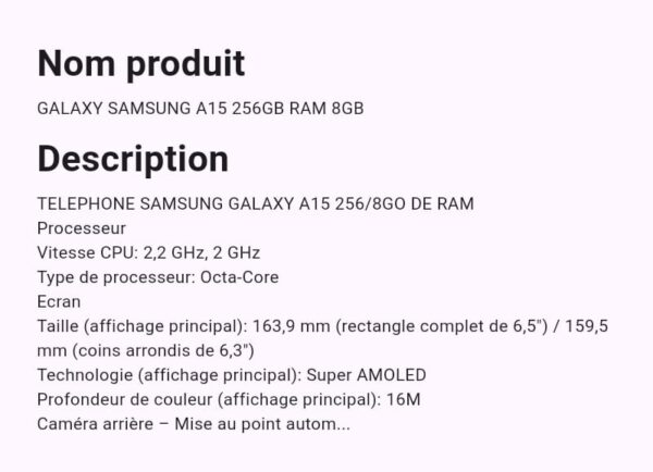 Téléphone Samsung Galaxy A15 256GB RAM 8GB